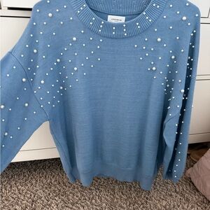 Anniewear Blue Pearl-Accent Crewneck Sweater